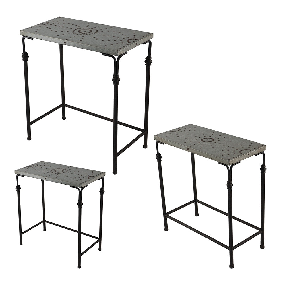 Gilbert Nesting Tables set of 3 metal plant stands with gray tops and black frames on Tampa Home & Garden Store
