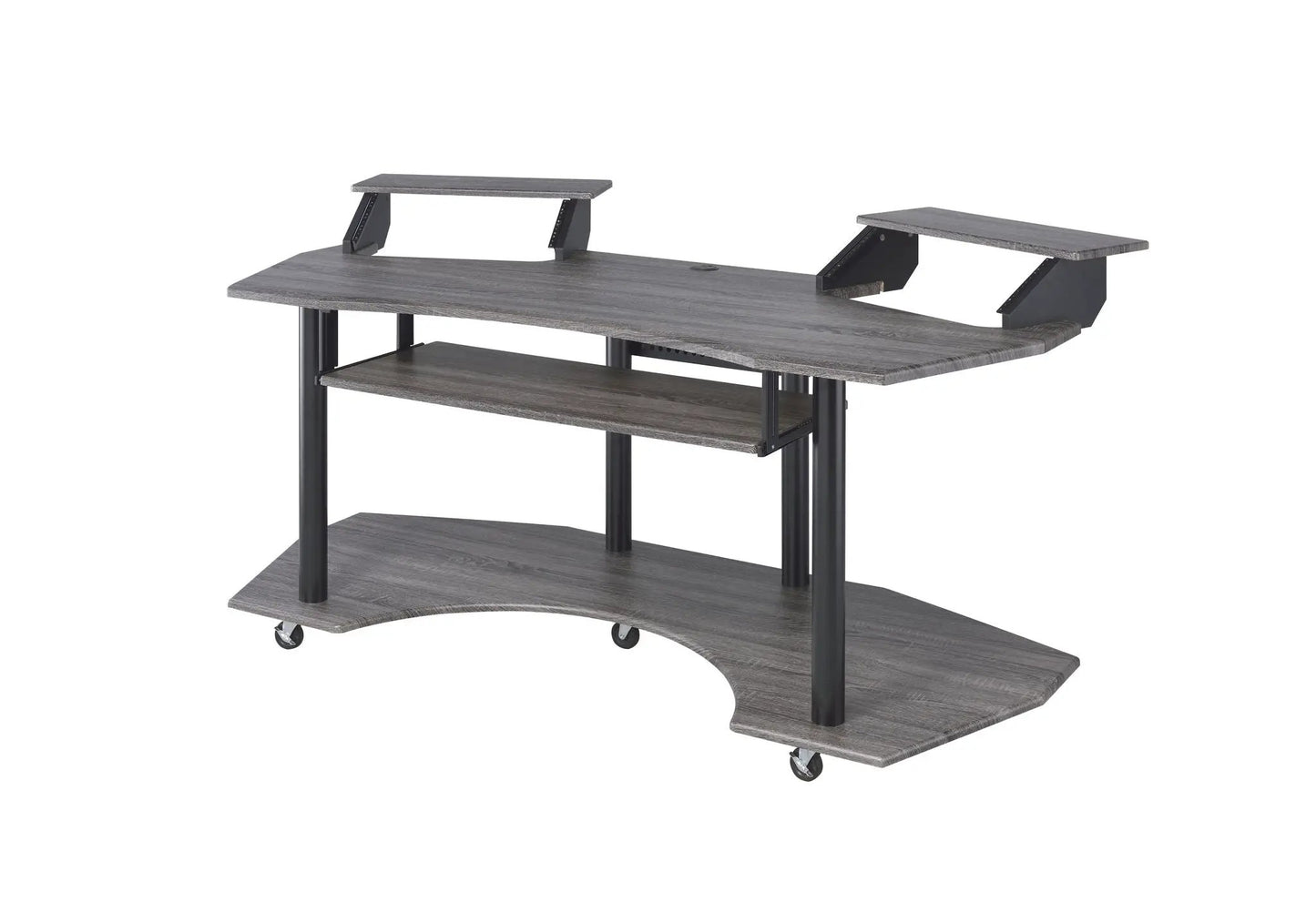Eleazar Wood Music Recording Desk with monitor shelves, wood grain finish, wheeled base on Tampa Home & Garden Store