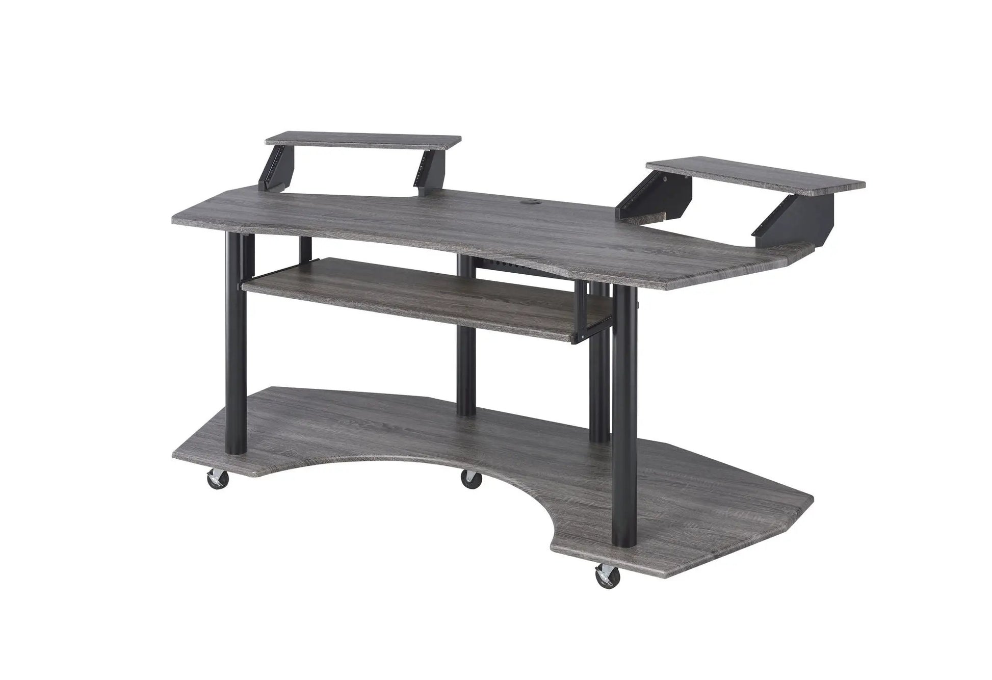 Eleazar Wood Music Recording Desk with monitor shelves, wood grain finish, wheeled base on Tampa Home & Garden Store