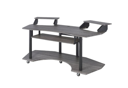 Eleazar Wood Music Recording Desk with monitor shelves, wood grain finish, wheeled base on Tampa Home & Garden Store