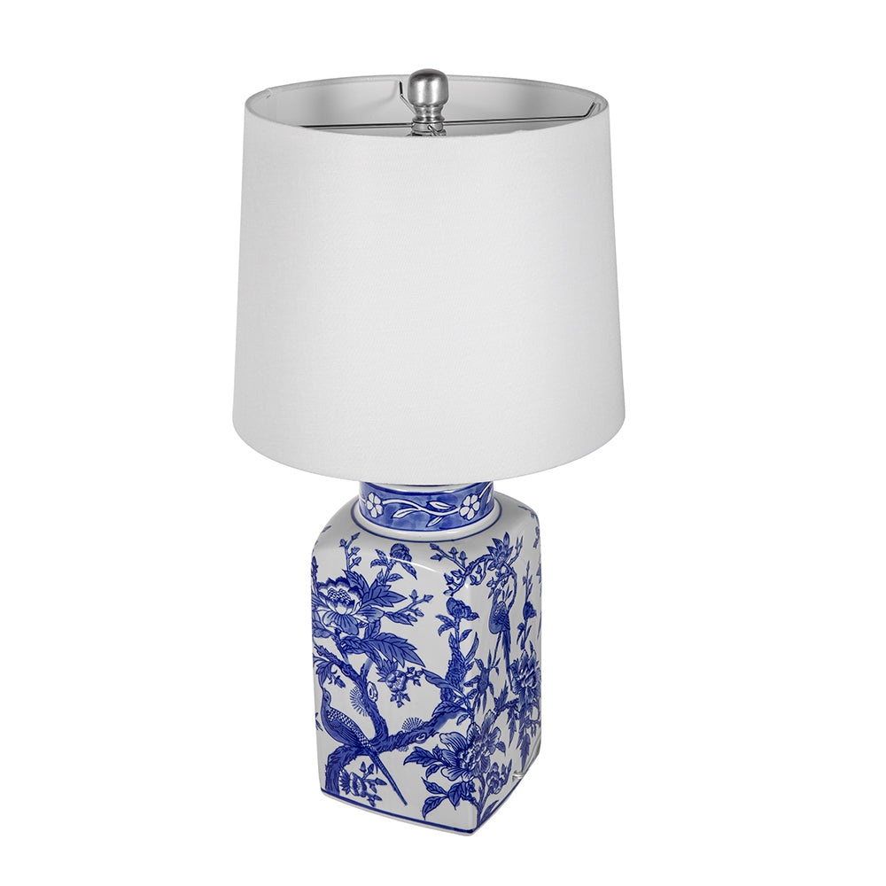 Blue and white ceramic vase lamp with floral base and white shade HouseOfZazla table lamp on Tampa Home & Garden Store