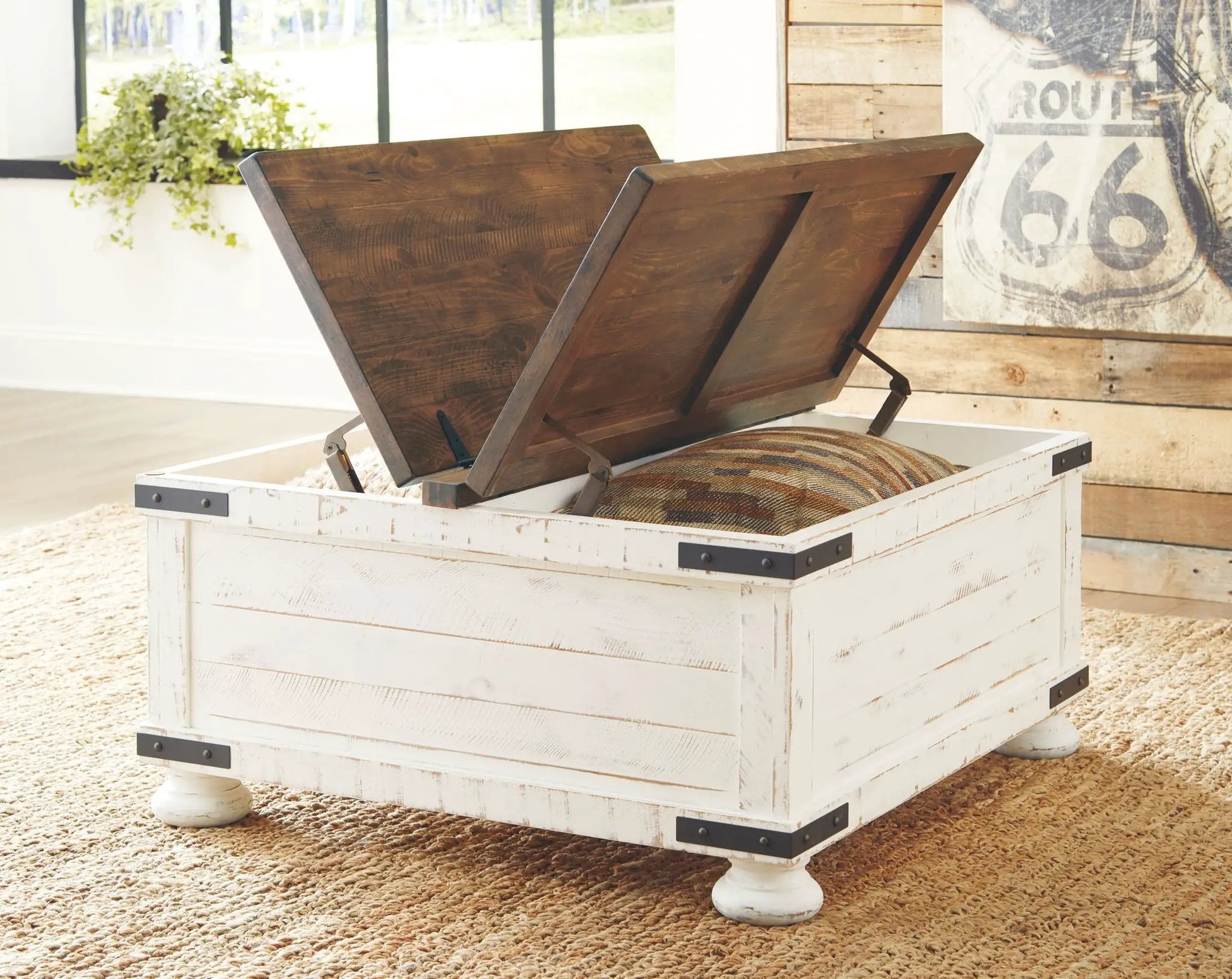 Wystfield lift-top cocktail table with storage, white base and brown wood lid on Tampa Home & Garden Store
