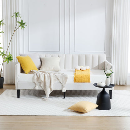 Elena Boucle Daybed with ribbed tufted backrest in cream by HouseOfZazla in a bright living room on Tampa Home & Garden Store