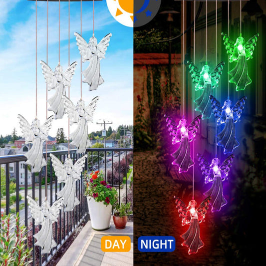 Outdoor solar wind chime lamp with butterfly and hummingbird figures, day and night LED on Tampa Home & Garden Store