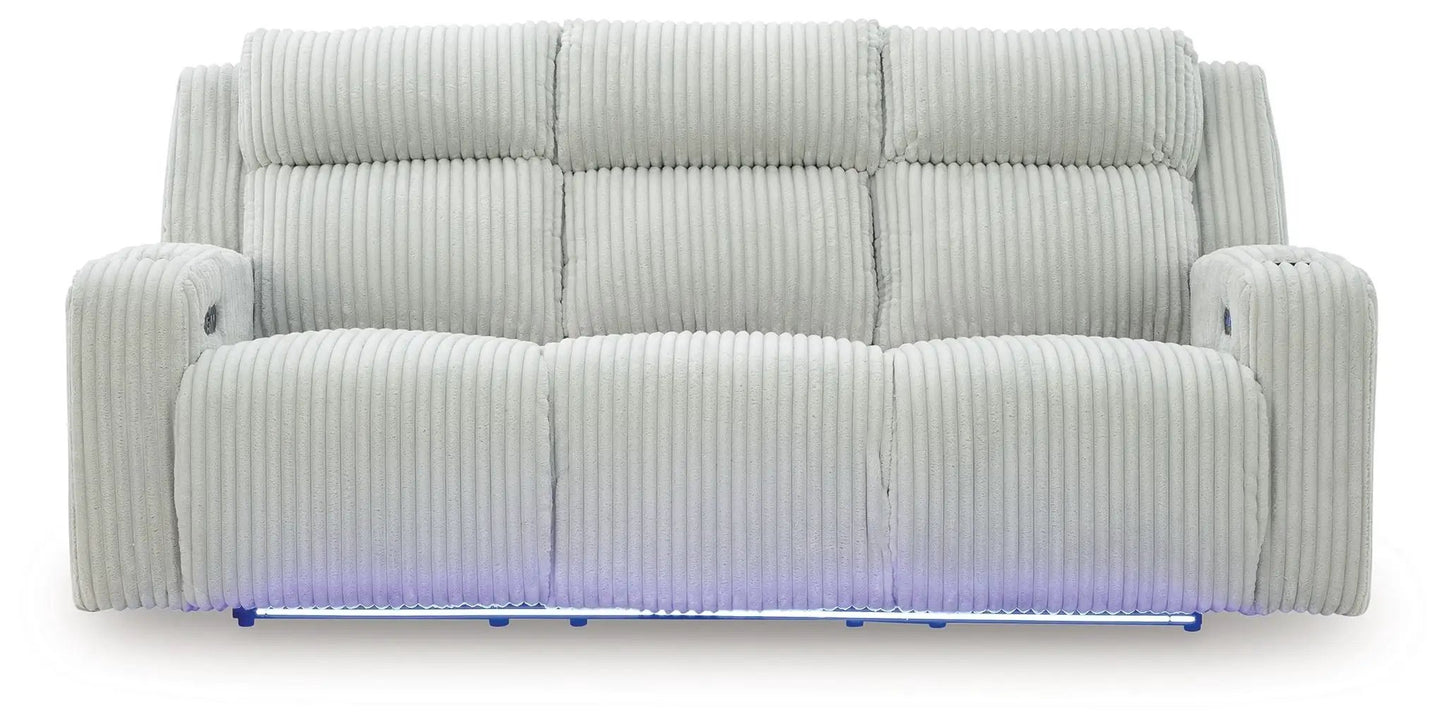 Forest Lake power reclining sofa with adjustable headrests in gray corduroy upholstery on Tampa Home & Garden Store