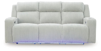 Forest Lake power reclining sofa with adjustable headrests in gray corduroy upholstery on Tampa Home & Garden Store