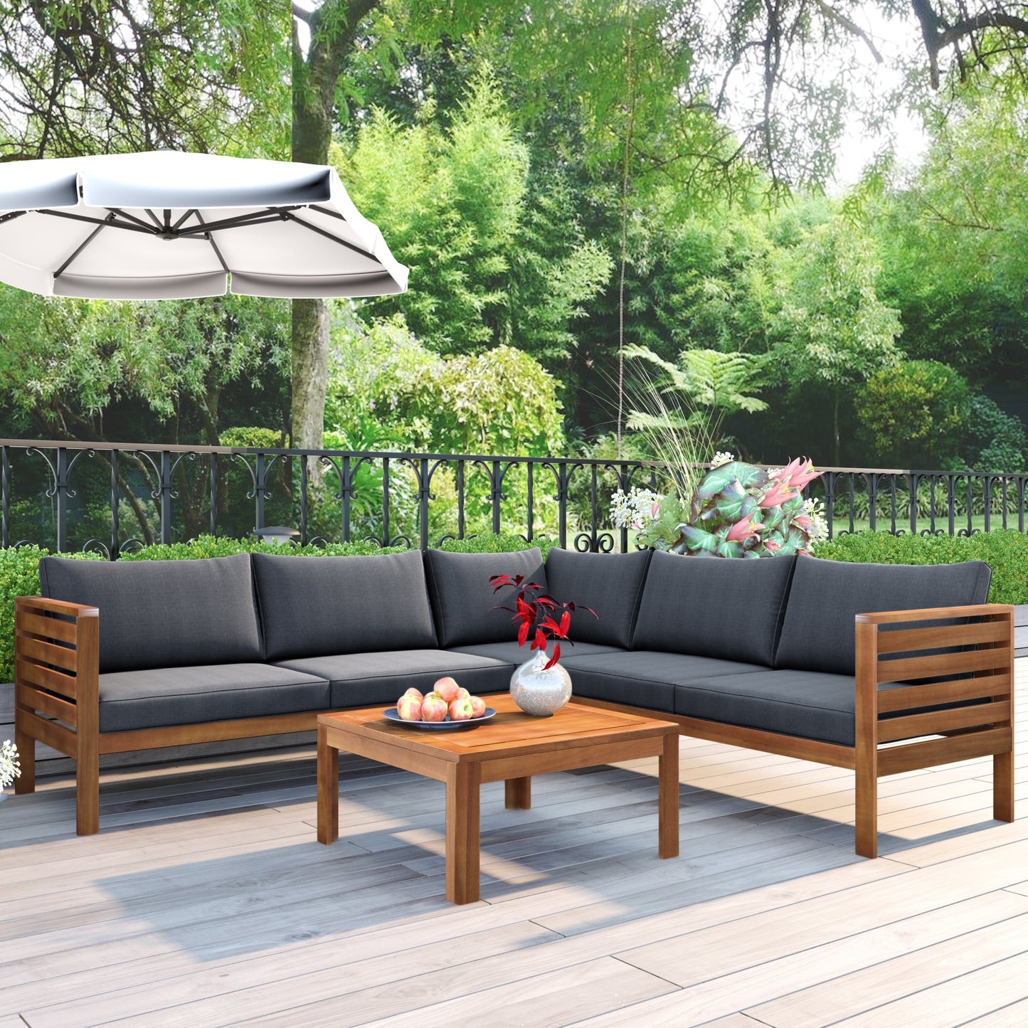 Wood Structure Outdoor Sofa Set with gray cushions by HouseOfZazla, wooden-frame sectional on Tampa Home & Garden Store