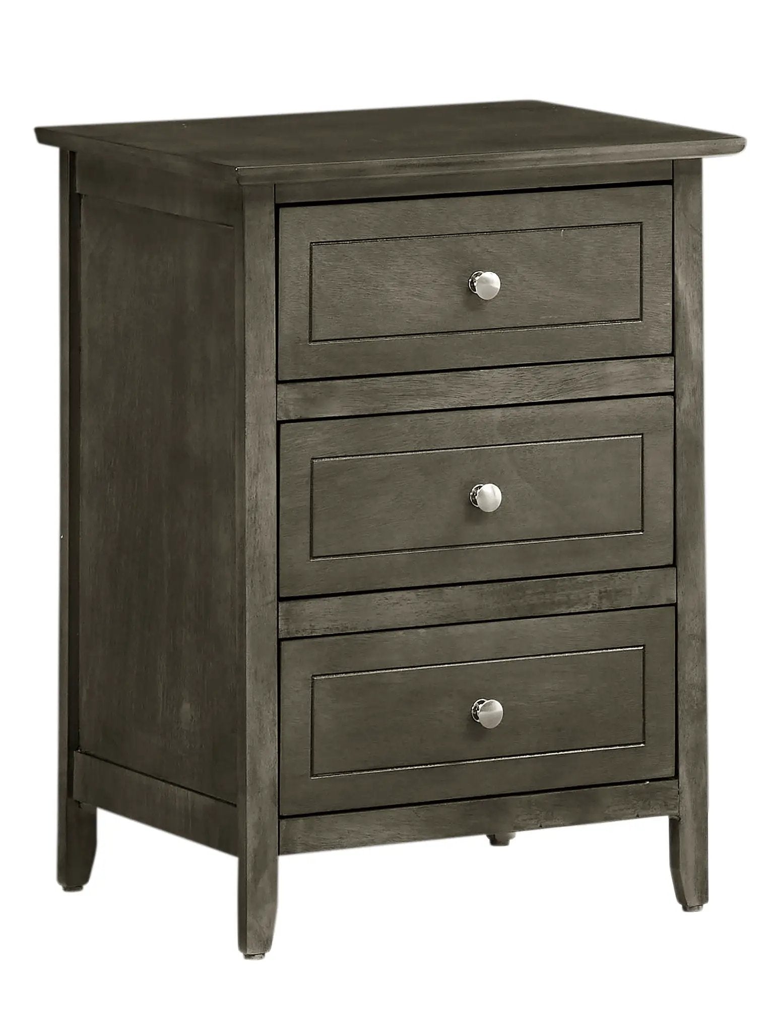 Dove Tailed Drawers 3-Drawer Nightstand, dark wood, silver knobs on Tampa Home & Garden Store