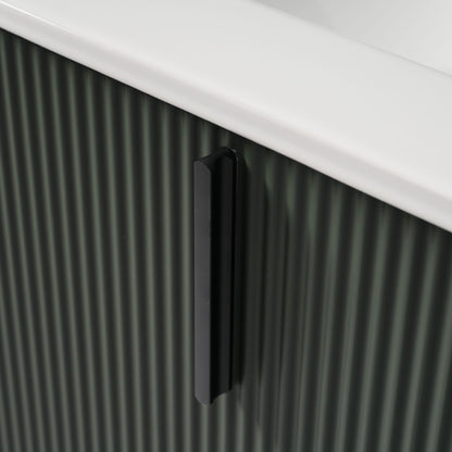 Bathroom vanity with ceramic sink and fluted design, white countertop, dark metal support on Tampa Home & Garden Store