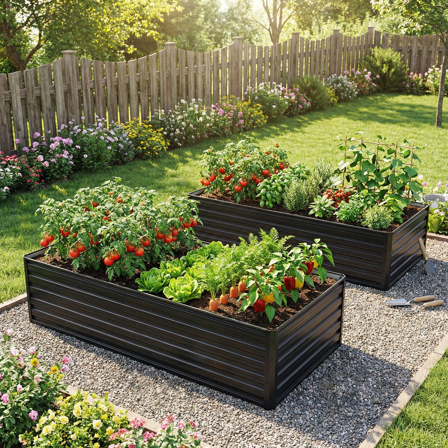 2-pack galvanized metal raised garden beds with tomatoes and greens in a sunny backyard on Tampa Home & Garden Store