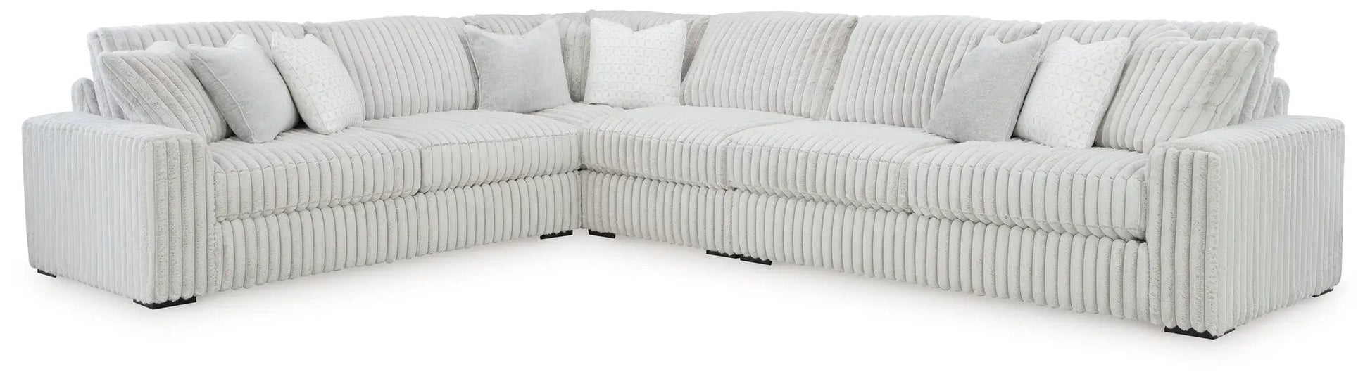 Stupendous Sectional, stationary gray ribbed fabric L-shaped sofa with plush cushions on Tampa Home & Garden Store