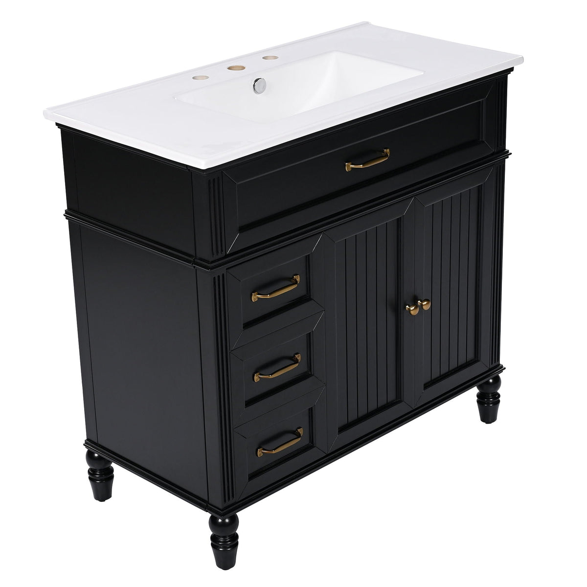 Bathroom vanity with sink and drawers, solid wood cabinet in black with white countertop on Tampa Home & Garden Store