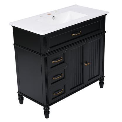 Bathroom vanity with sink and drawers, solid wood cabinet in black with white countertop on Tampa Home & Garden Store