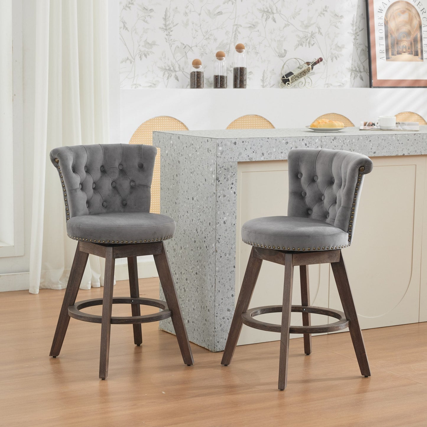 Counter height bar stools set of 2 in gray velvet with tufted backs and dark wood legs on Tampa Home & Garden Store