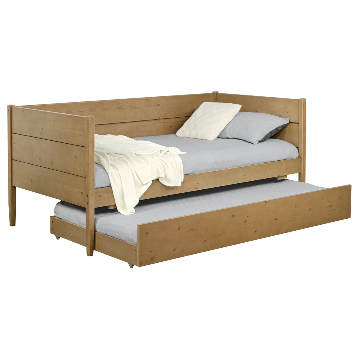 Stewart Twin Daybed with Trundle in Natural wood, two-bed setup with pull-out trundle on Tampa Home & Garden Store