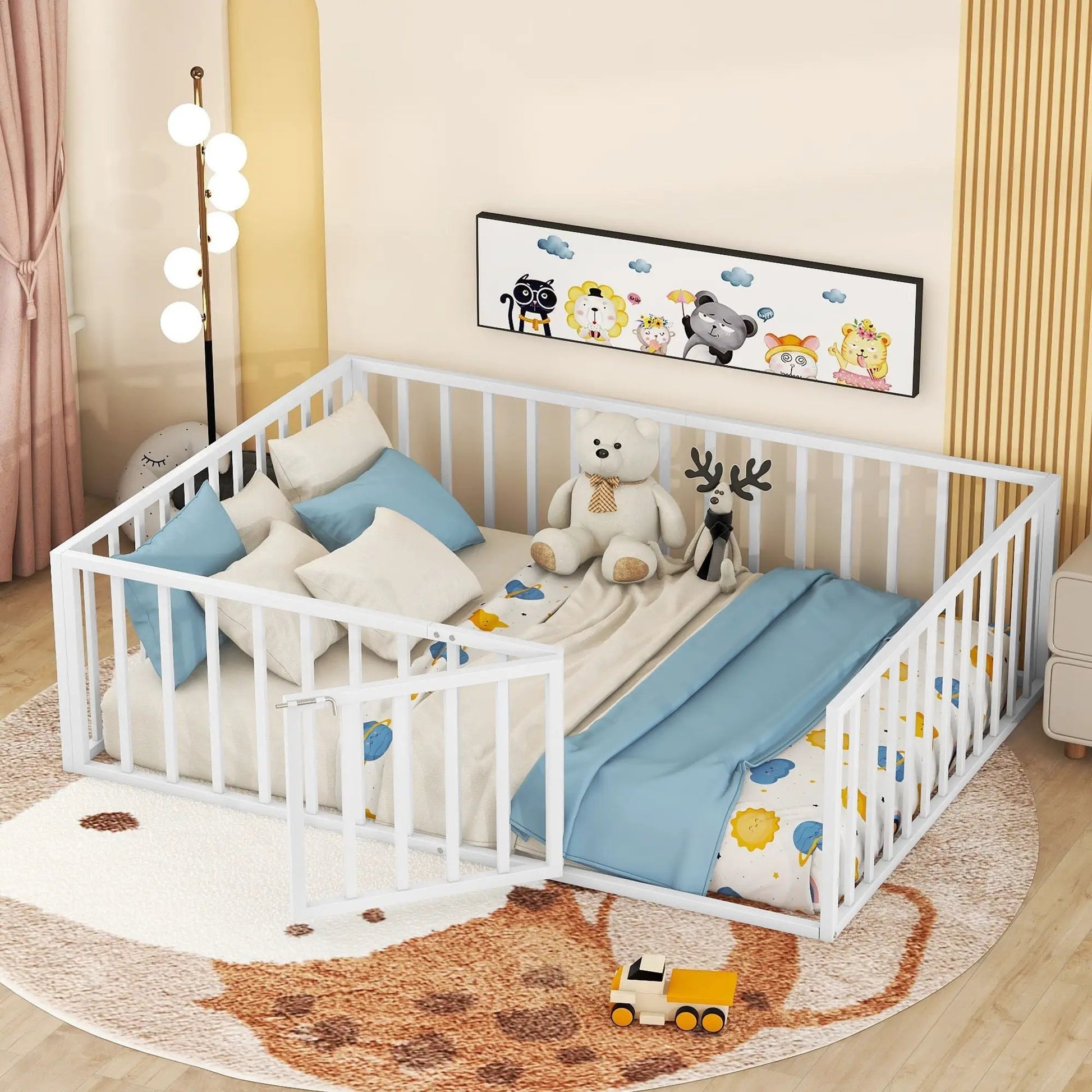 Metal floor bed frame with fence and door, toddler panel bed by Unique Piece Furniture on Tampa Home & Garden Store
