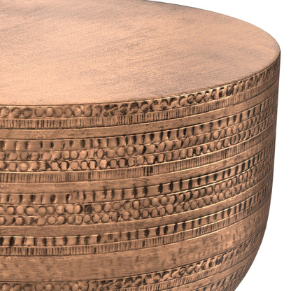 Handcrafted round metal coffee table with hammered bronze finish and textured beaded edge on Tampa Home & Garden Store