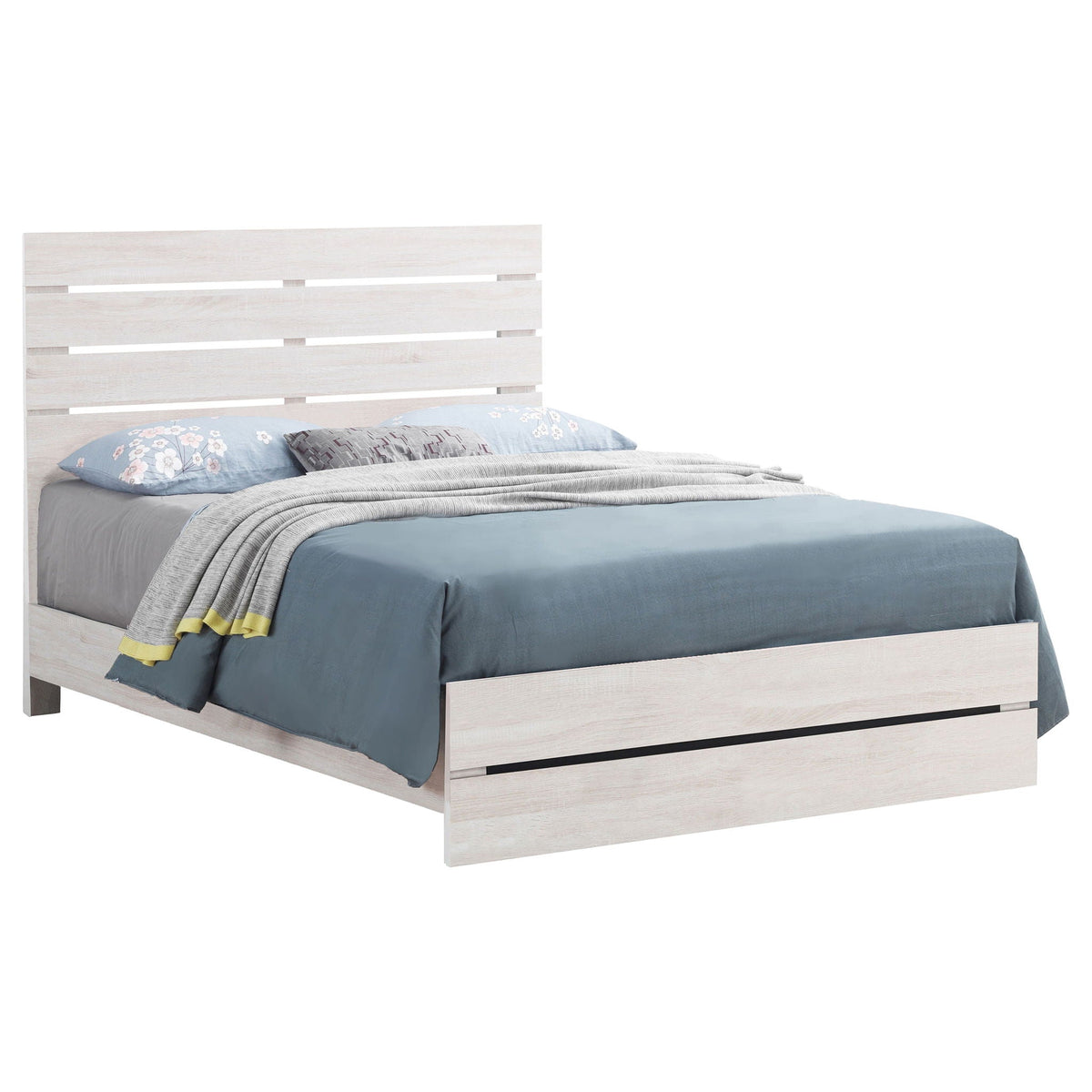 Geary Panel Bed by HouseOfZazla in a light wood finish with blue bedding on Tampa Home & Garden Store