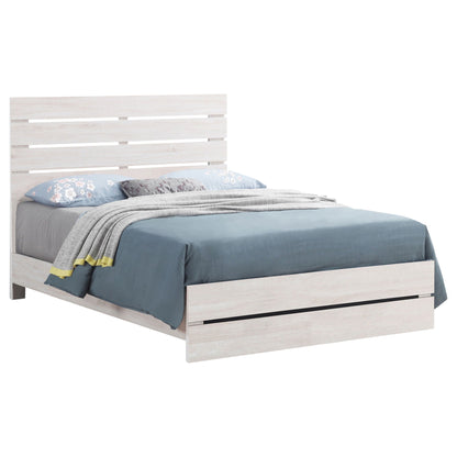 Geary Panel Bed by HouseOfZazla in a light wood finish with blue bedding on Tampa Home & Garden Store