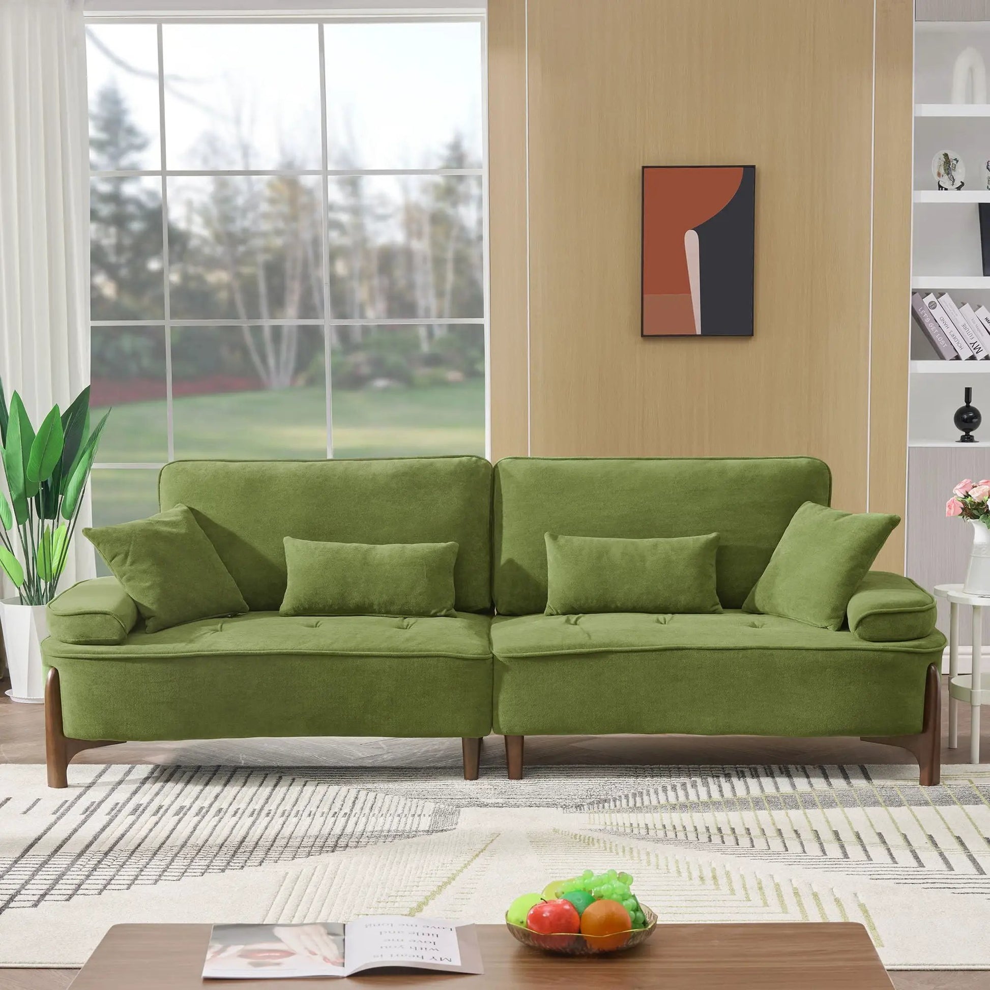 Comfortable Deep Seated Sofa With Pillows olive green upholstery with wooden legs on Tampa Home & Garden Store