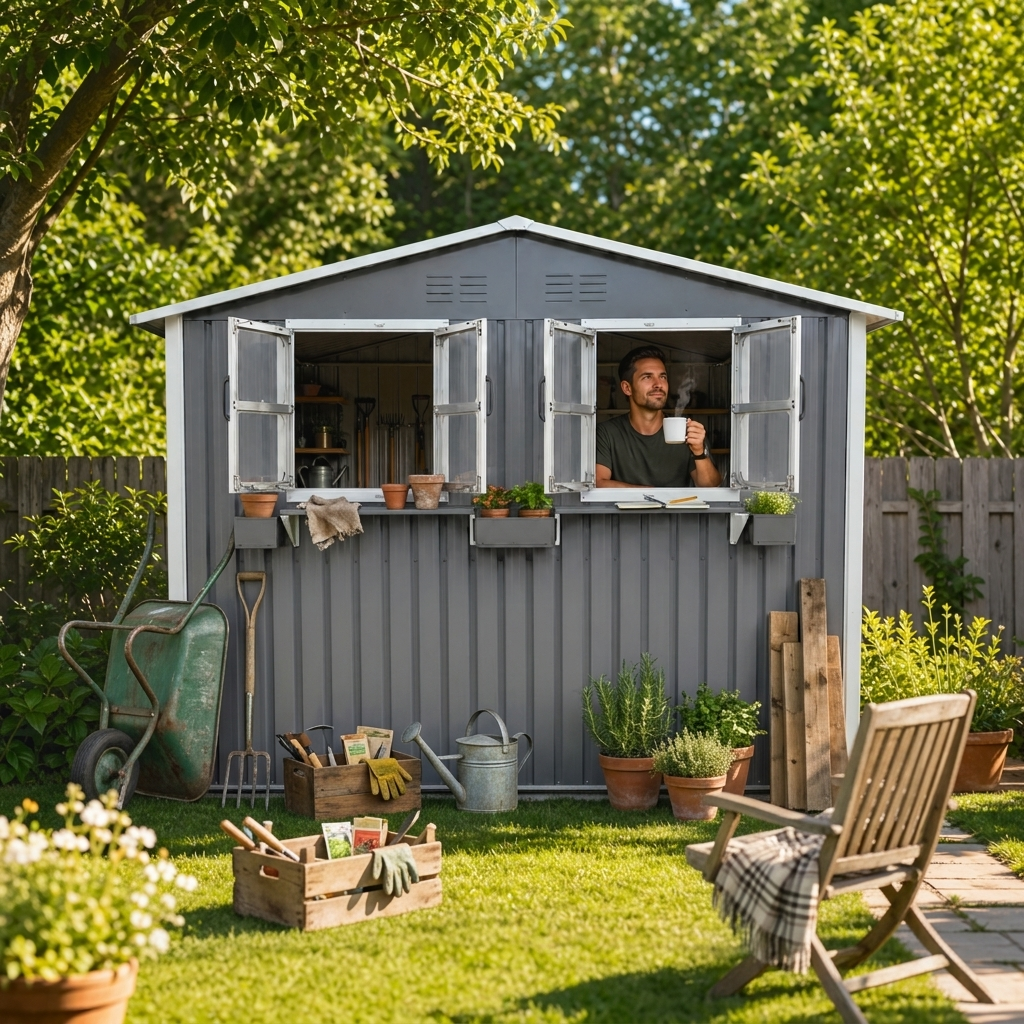 Outdoor Metal Storage Shed with Window and Rack
