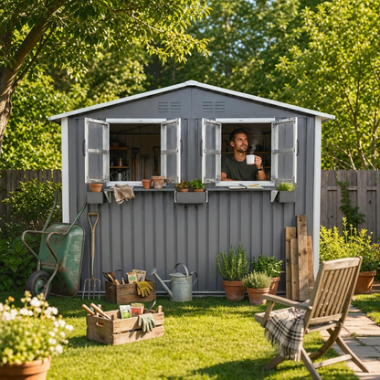 Outdoor Metal Storage Shed with Window and Rack