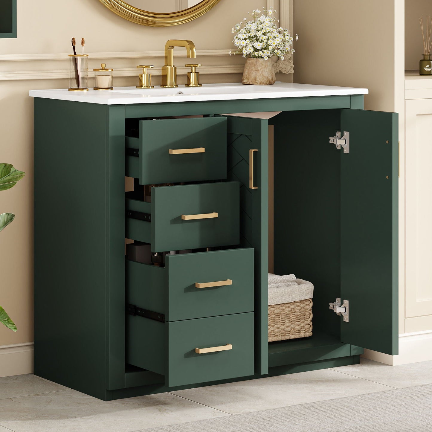 Bathroom vanity with sink, emerald cabinet, white top, gold hardware, 3 drawers HouseOfZazla on Tampa Home & Garden Store