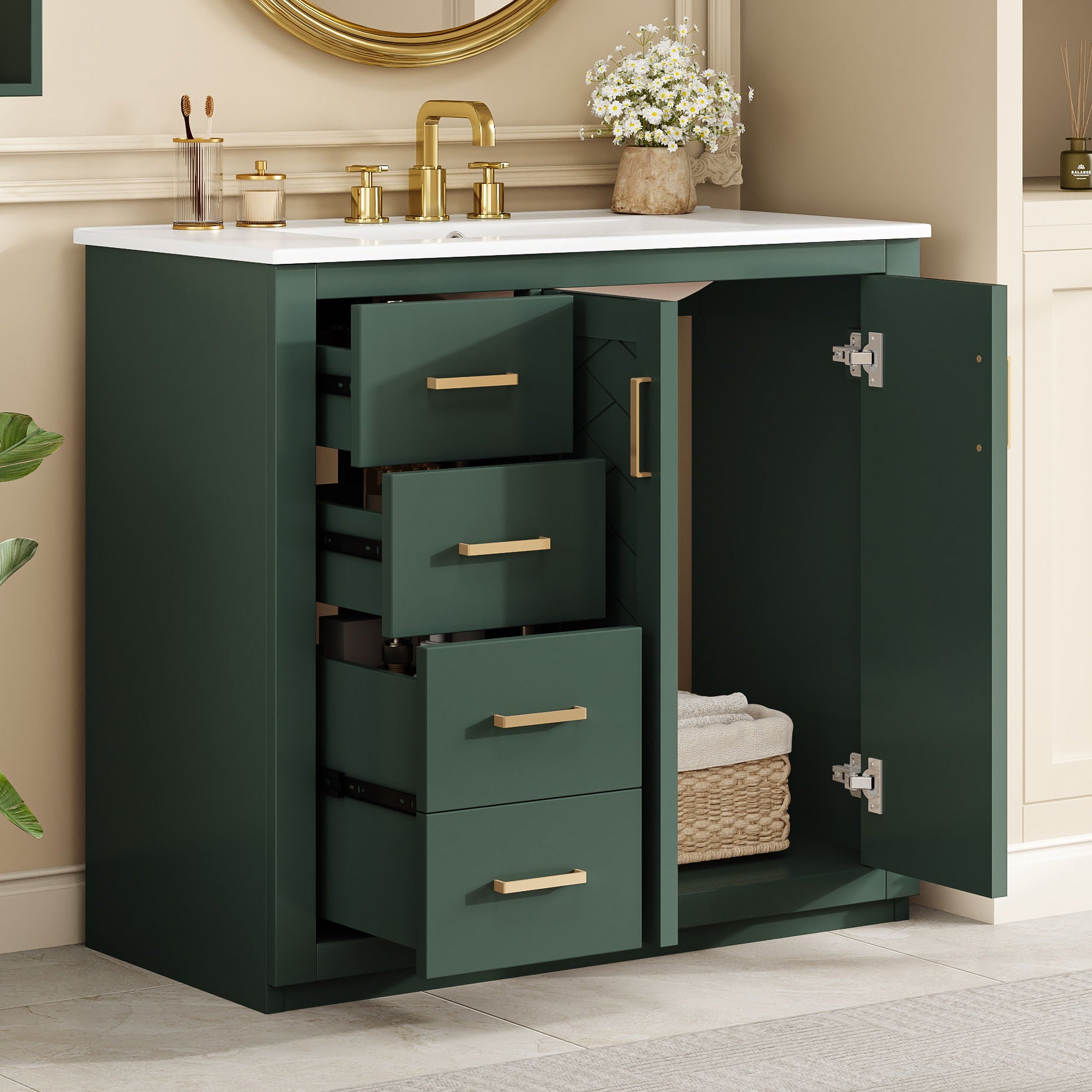 Bathroom vanity with sink, emerald cabinet, white top, gold hardware, 3 drawers HouseOfZazla on Tampa Home & Garden Store