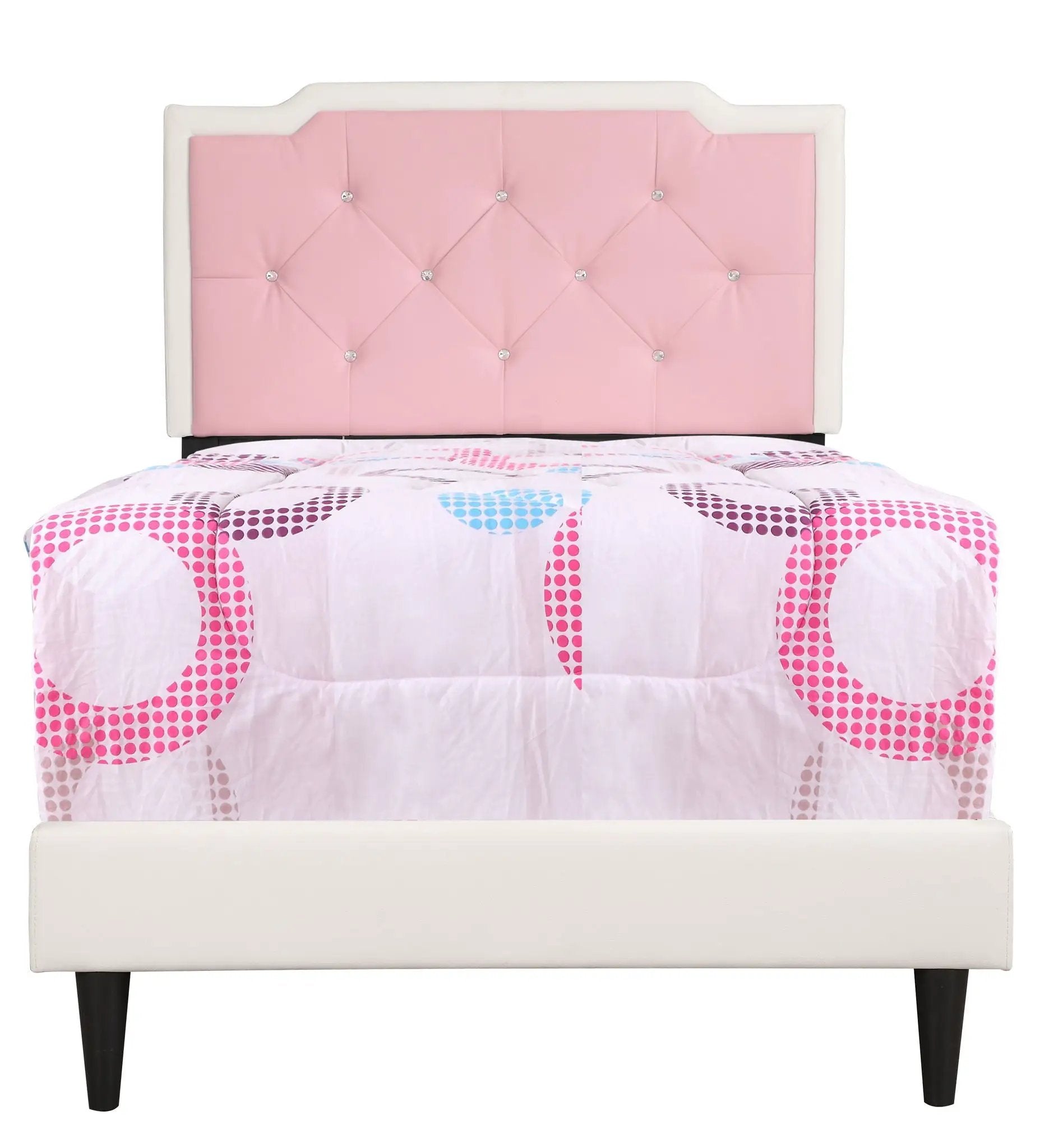 Pink tufted upholstered bed with crystal buttons and white border headboard, dark legs on Tampa Home & Garden Store