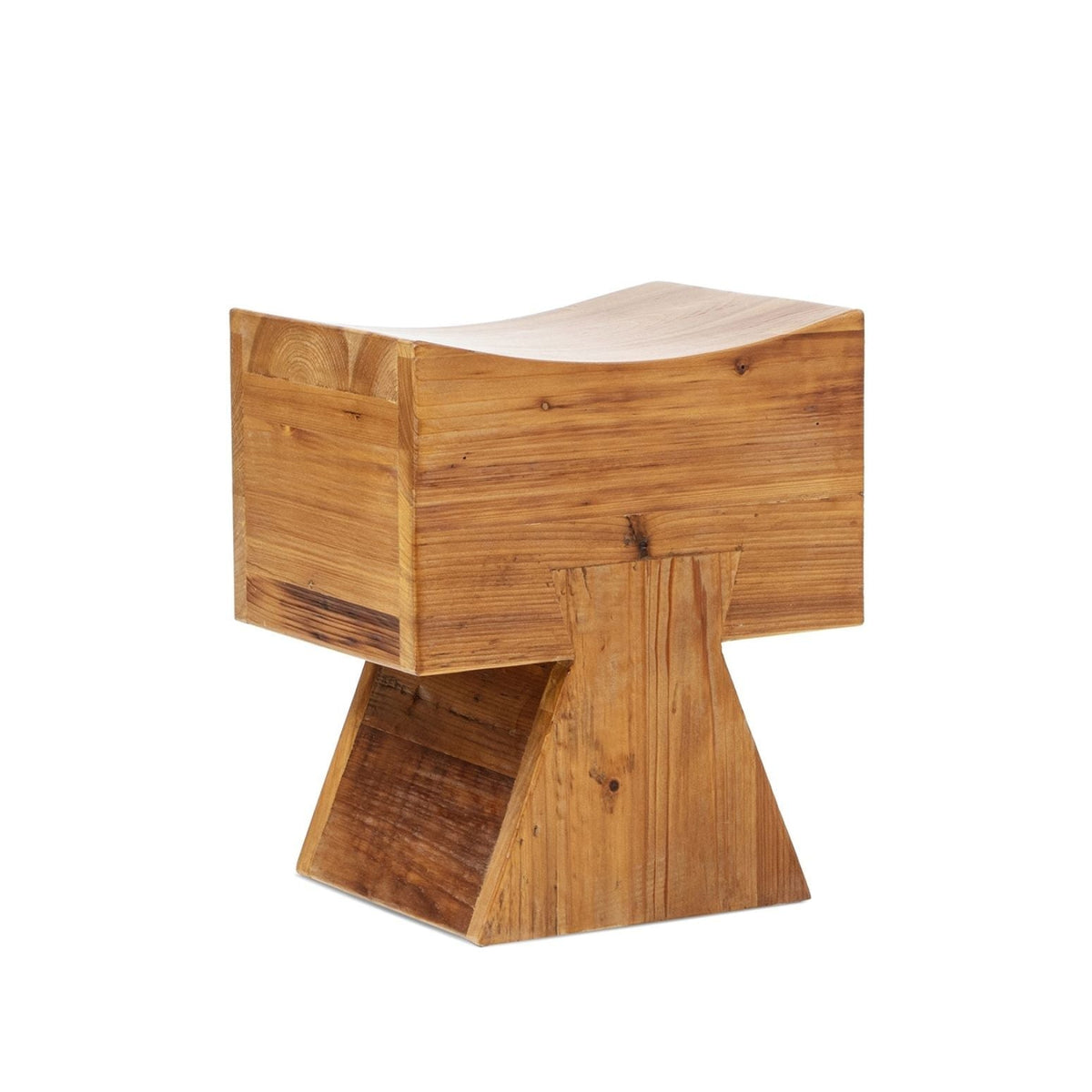 Brown reclaimed wood stool ottoman with sculptural saddle seat by HouseOfZazla on Tampa Home & Garden Store