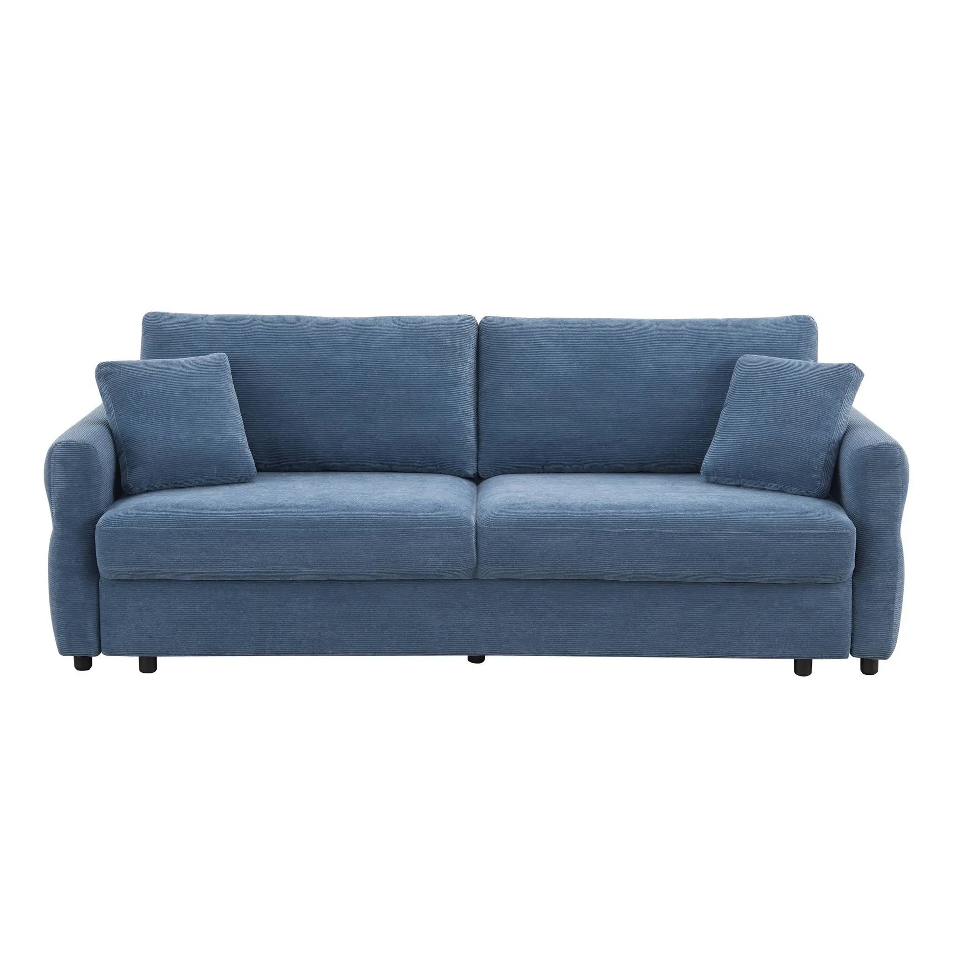 Haran pull-out sleeper sofa in blue corduroy with 2 square pillows on a compact two-seat frame on Tampa Home & Garden Store
