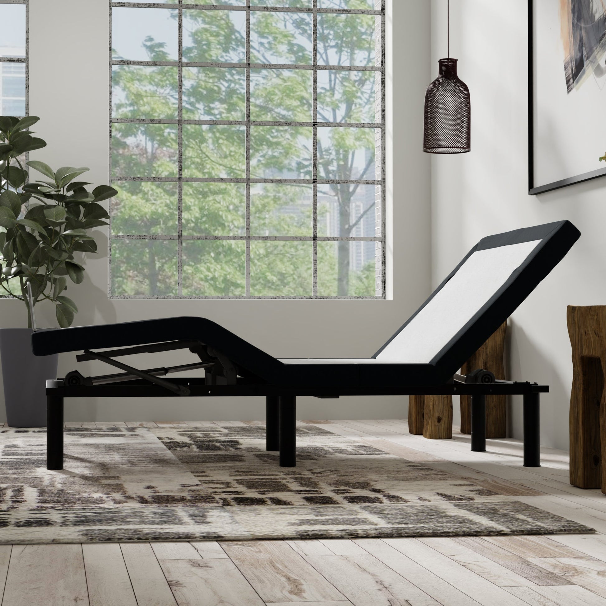 Model P2 adjustable base twin long with massage and USB, black metal frame in modern bedroom on Tampa Home & Garden Store