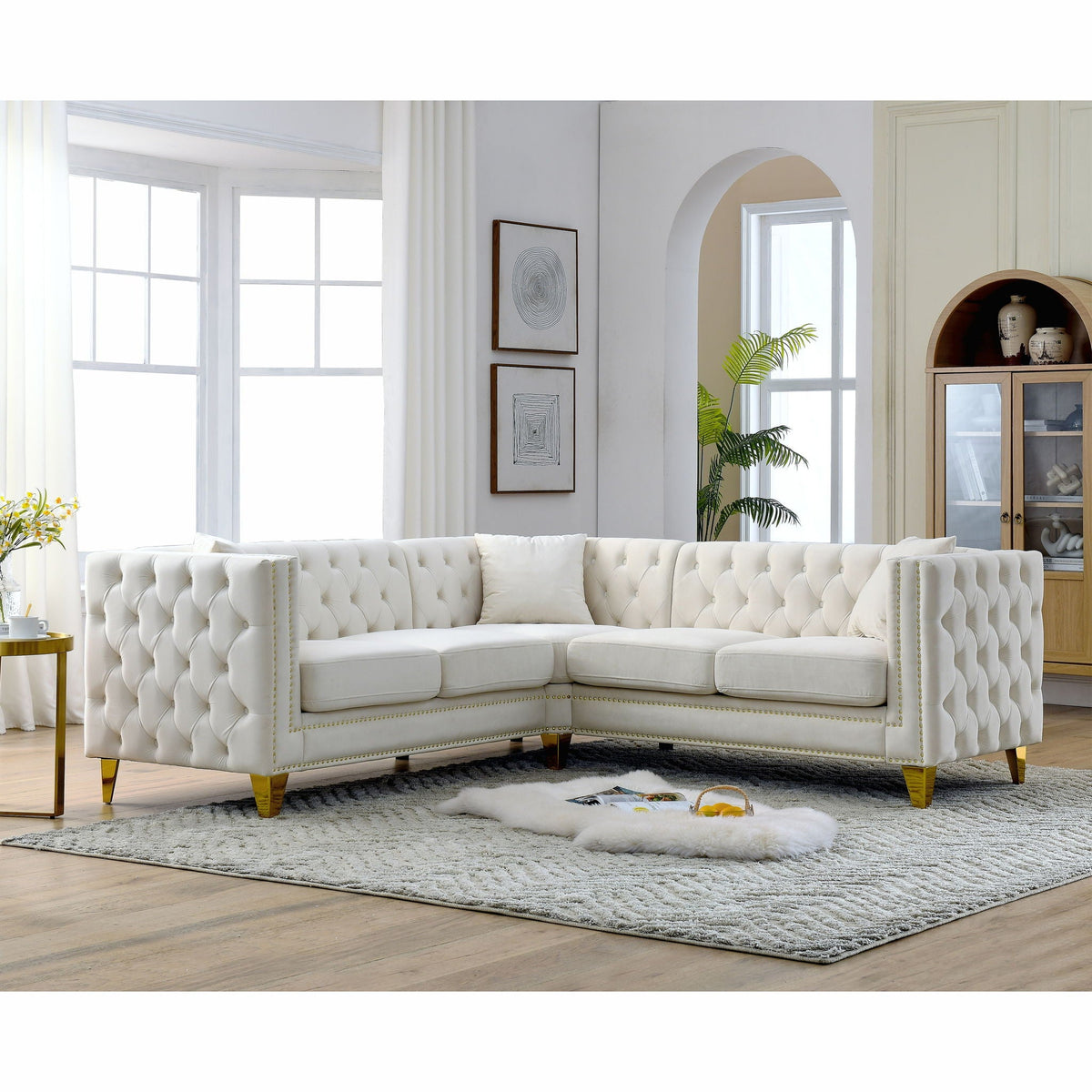 L-Shaped Corner Sofa, 5 Seater Sectional with tufted white fabric upholstery on Tampa Home & Garden Store