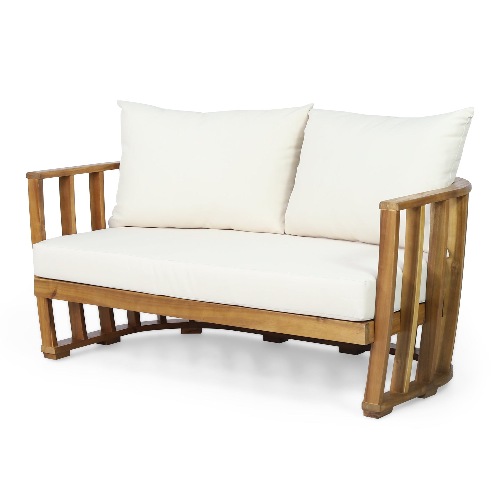 Outdoor acacia wood loveseat with white cushions, wooden frame, part of a coffee table set on Tampa Home & Garden Store