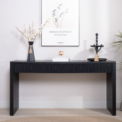 Dark wood finish console table with carved front panels and thick legs on Tampa Home & Garden Store