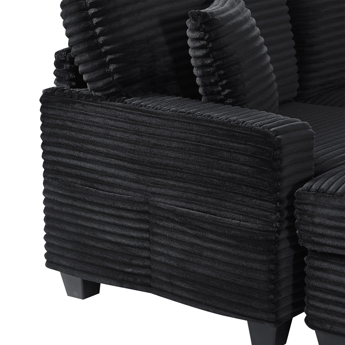 Upholstered U-shaped sectional sofa in black ribbed fabric with movable ottoman and side pockets on Tampa Home & Garden Store