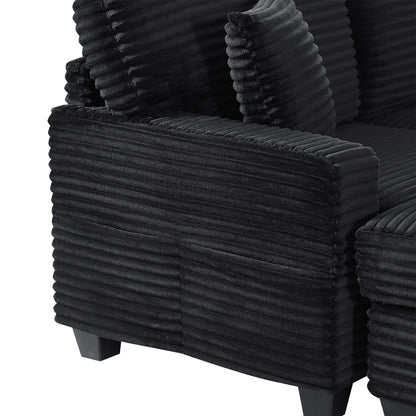 Upholstered U-shaped sectional sofa in black ribbed fabric with movable ottoman and side pockets on Tampa Home & Garden Store