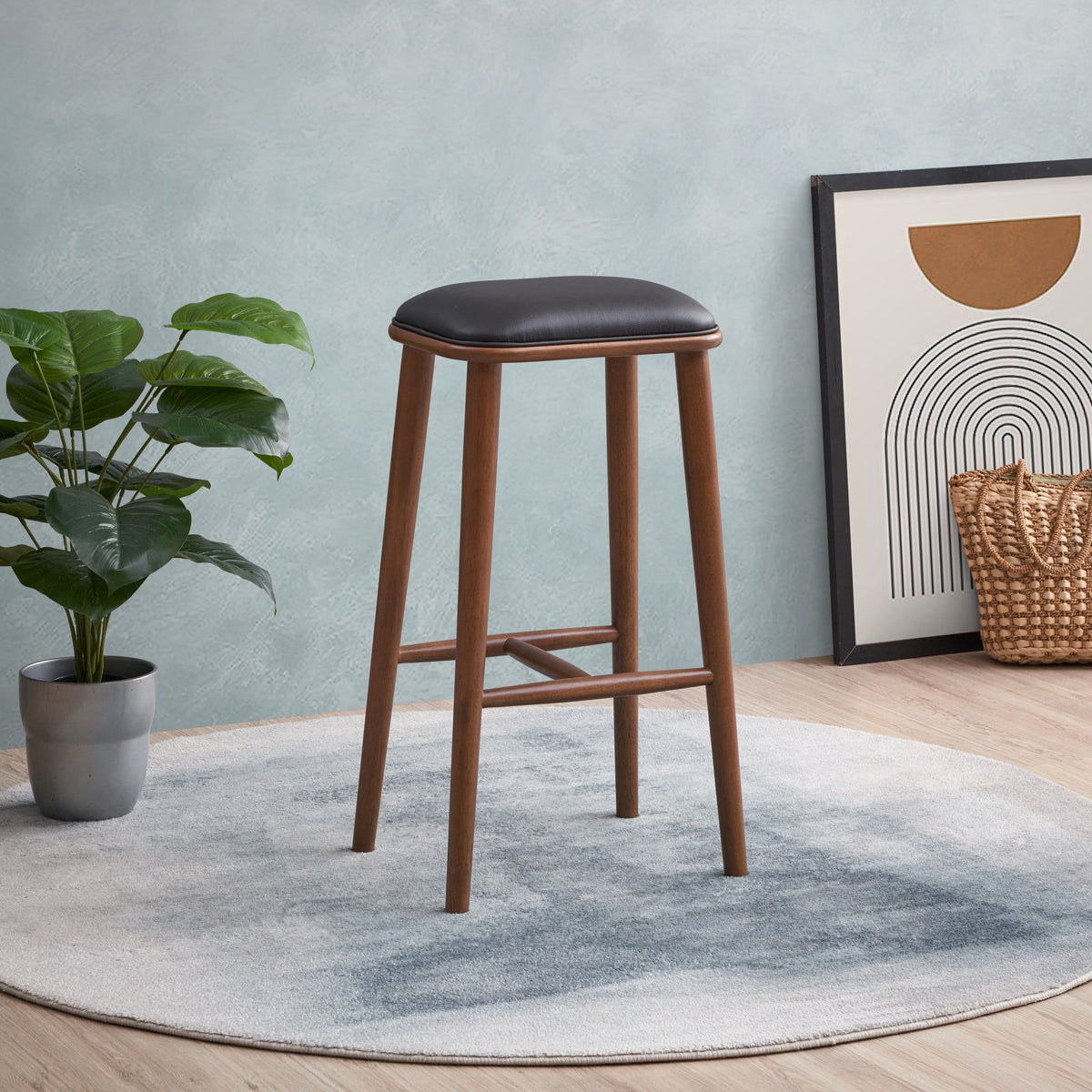 Bar height stool with black upholstered seat and brown wooden legs, 28-30 in, HouseOfZazla on Tampa Home & Garden Store