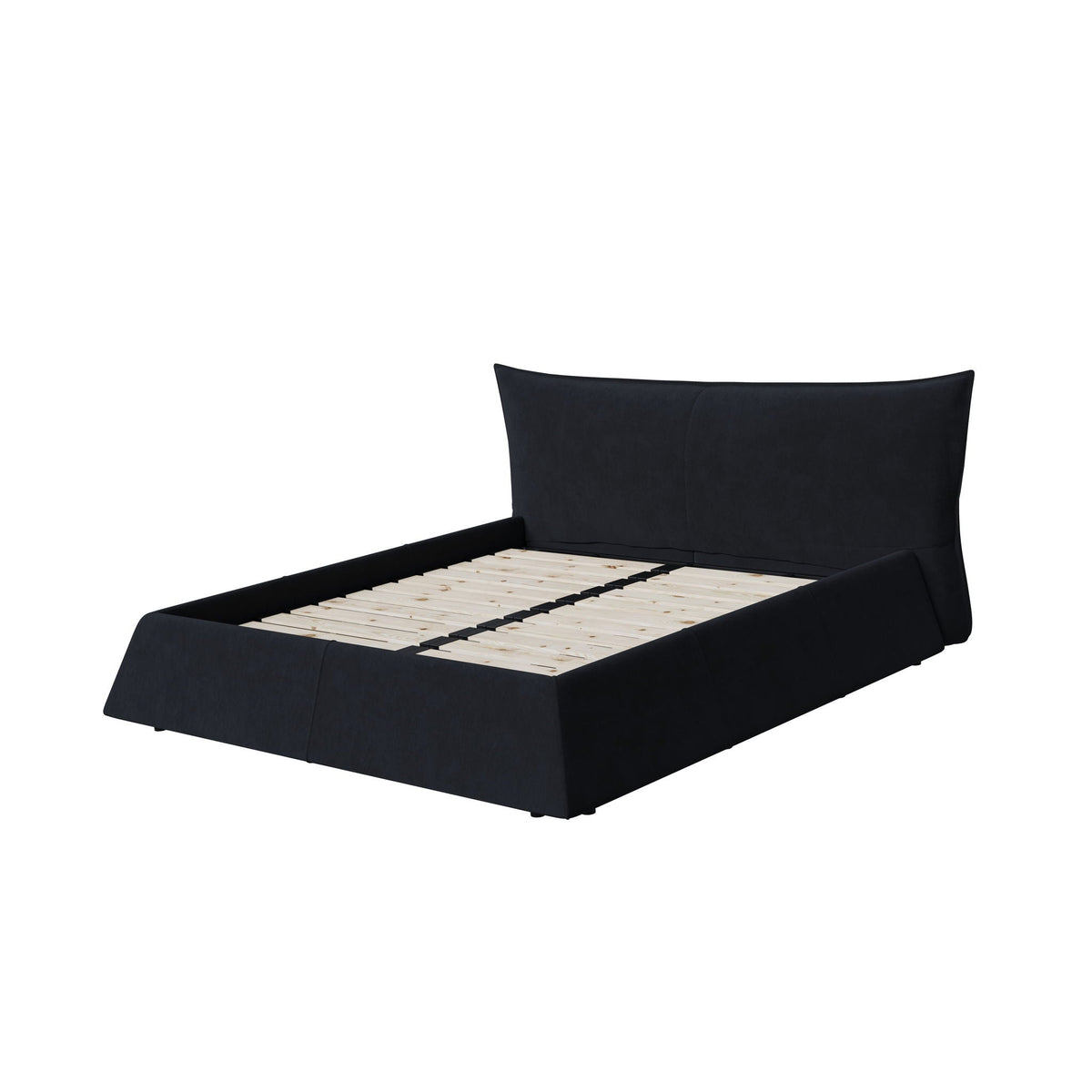 Upholstered platform bed with special shaped headboard in black fabric, HouseOfZazla, slat base on Tampa Home & Garden Store