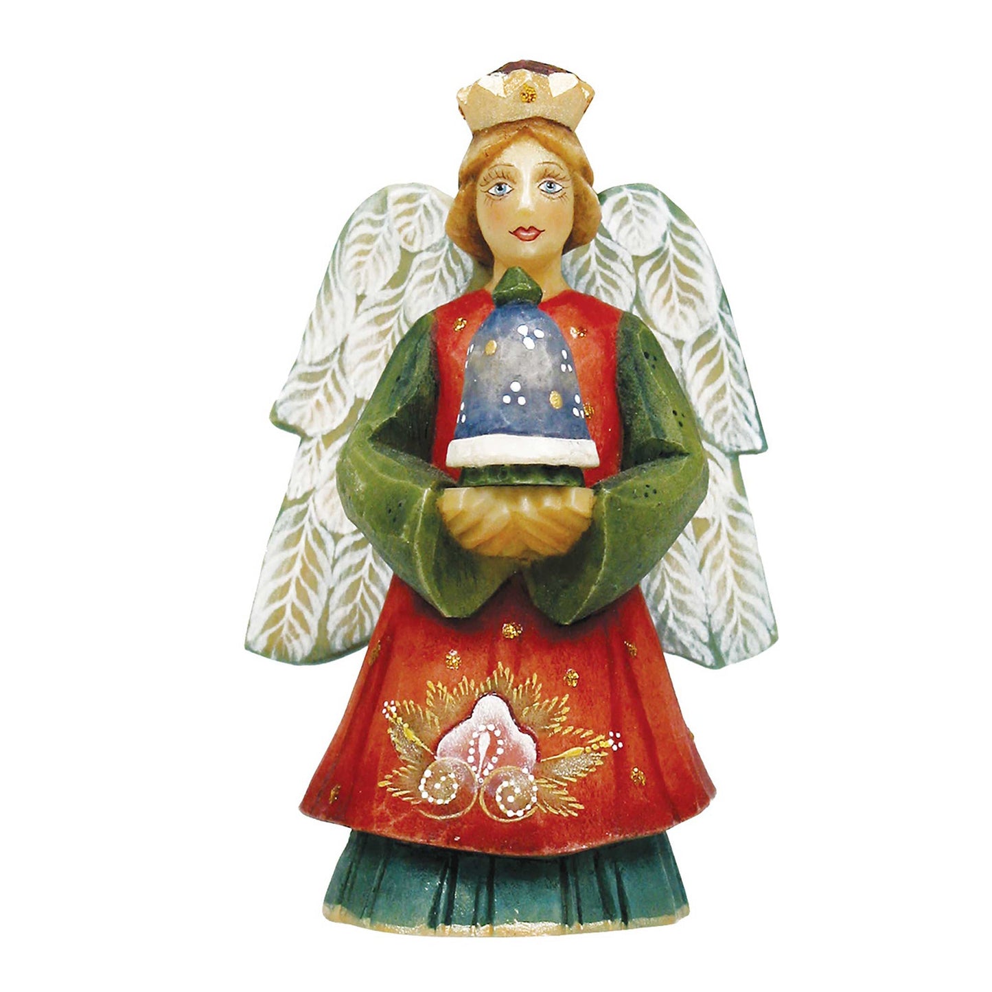 Angel with Bell hand-painted Christmas ornament by G. DeBrekht, red gown and green cape on Tampa Home & Garden Store