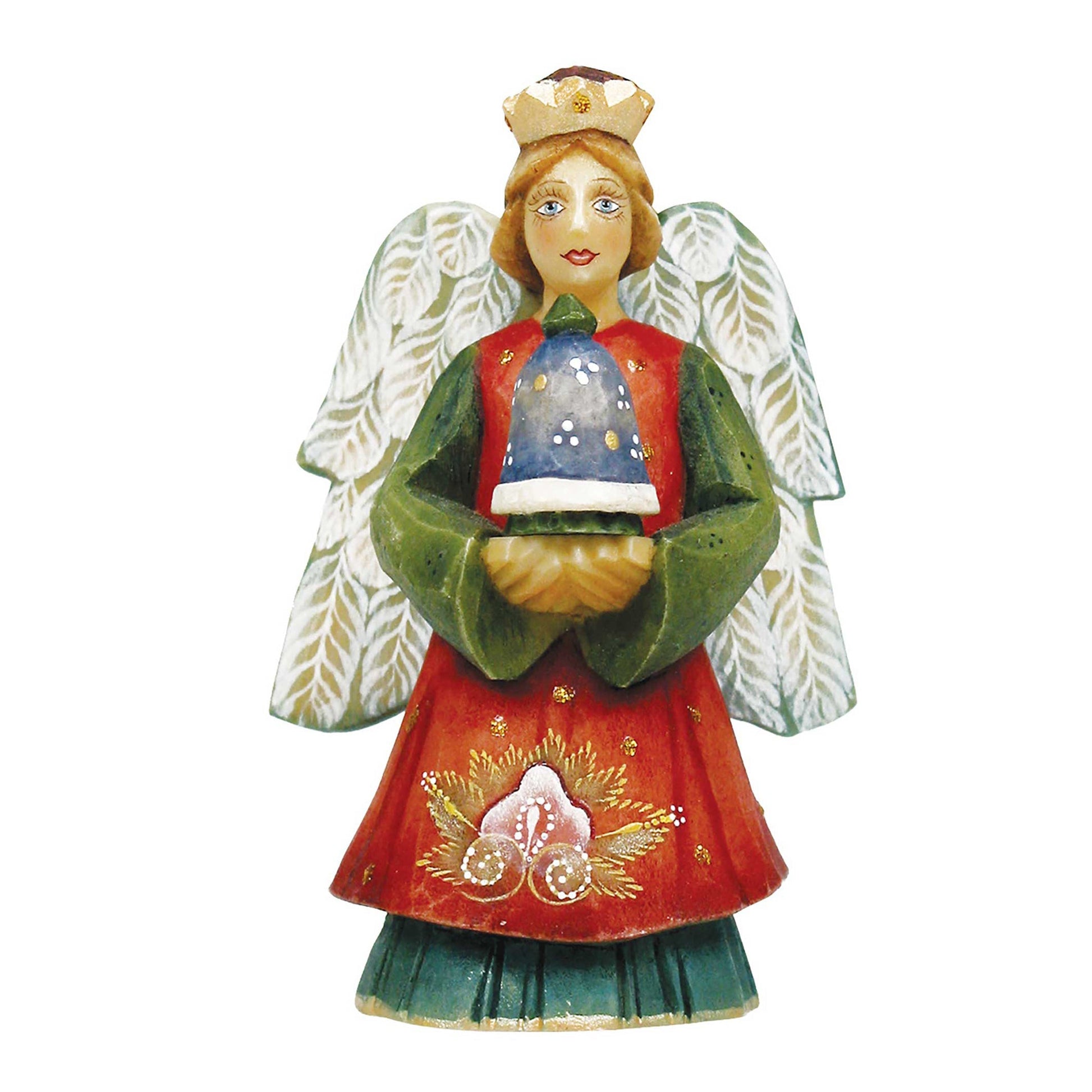 Angel with Bell hand-painted Christmas ornament by G. DeBrekht, red gown and green cape on Tampa Home & Garden Store