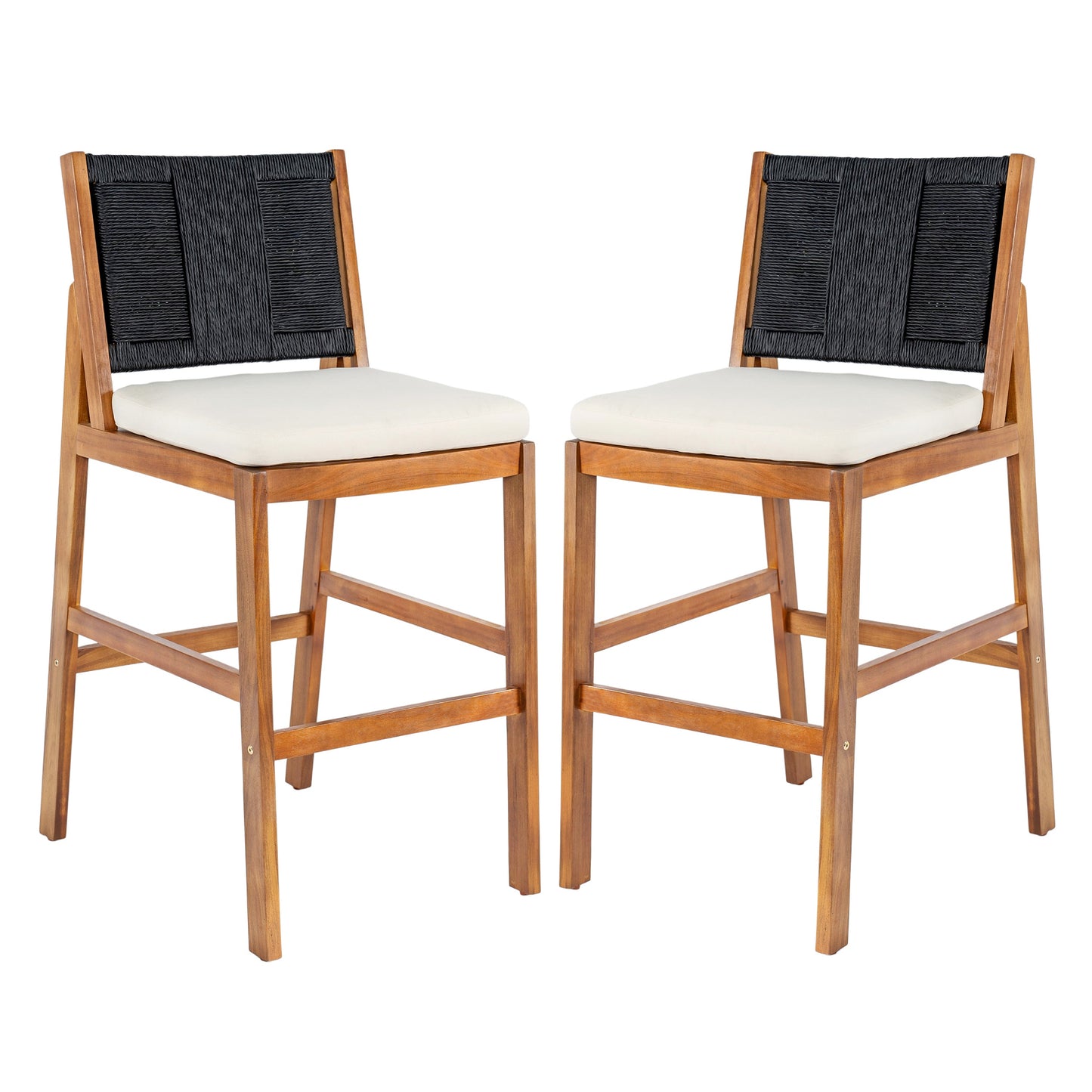Outdoor Acacia Wood Bar Stools 2-pack with black woven backs HouseOfZazla on Tampa Home & Garden Store