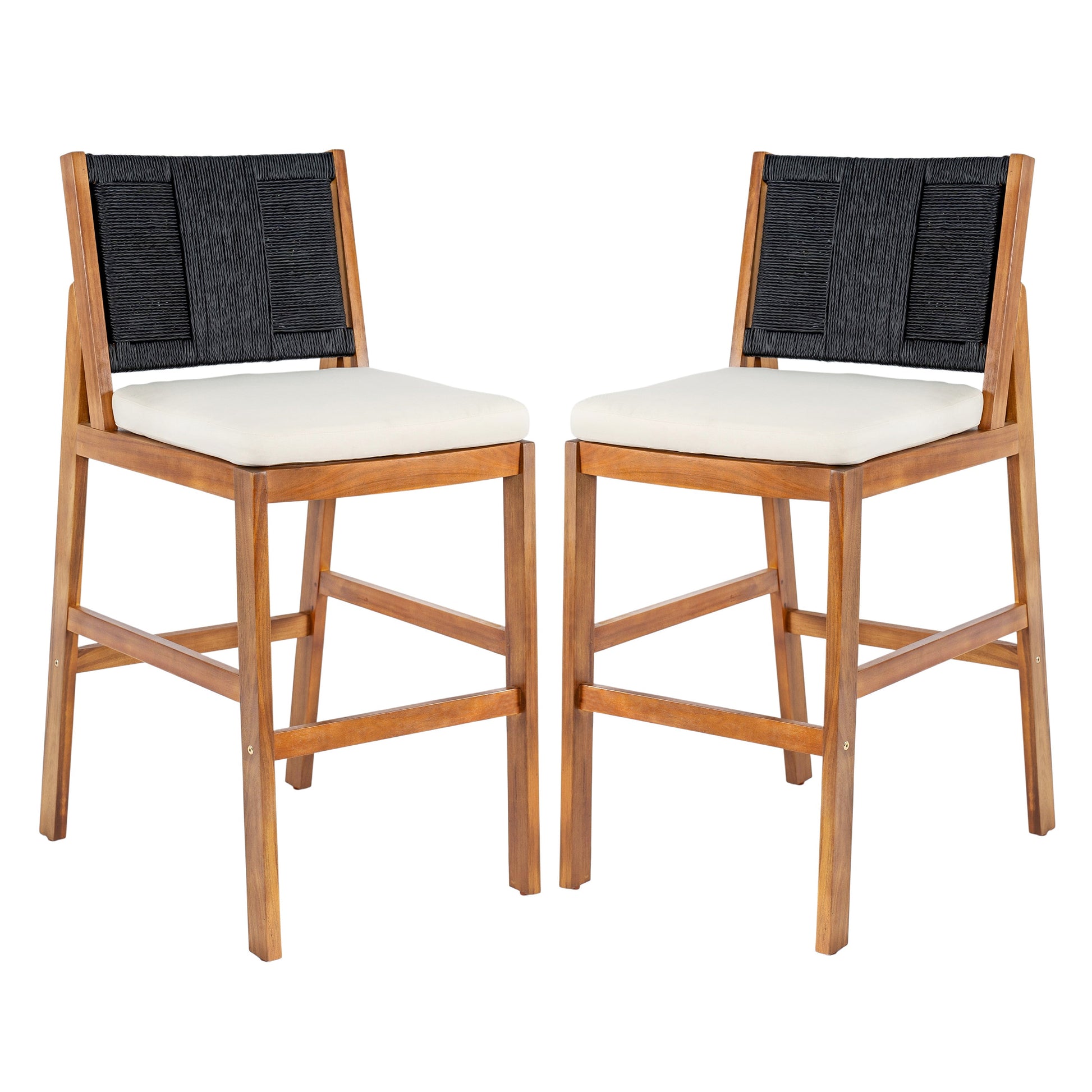 Outdoor Acacia Wood Bar Stools 2-pack with black woven backs HouseOfZazla on Tampa Home & Garden Store
