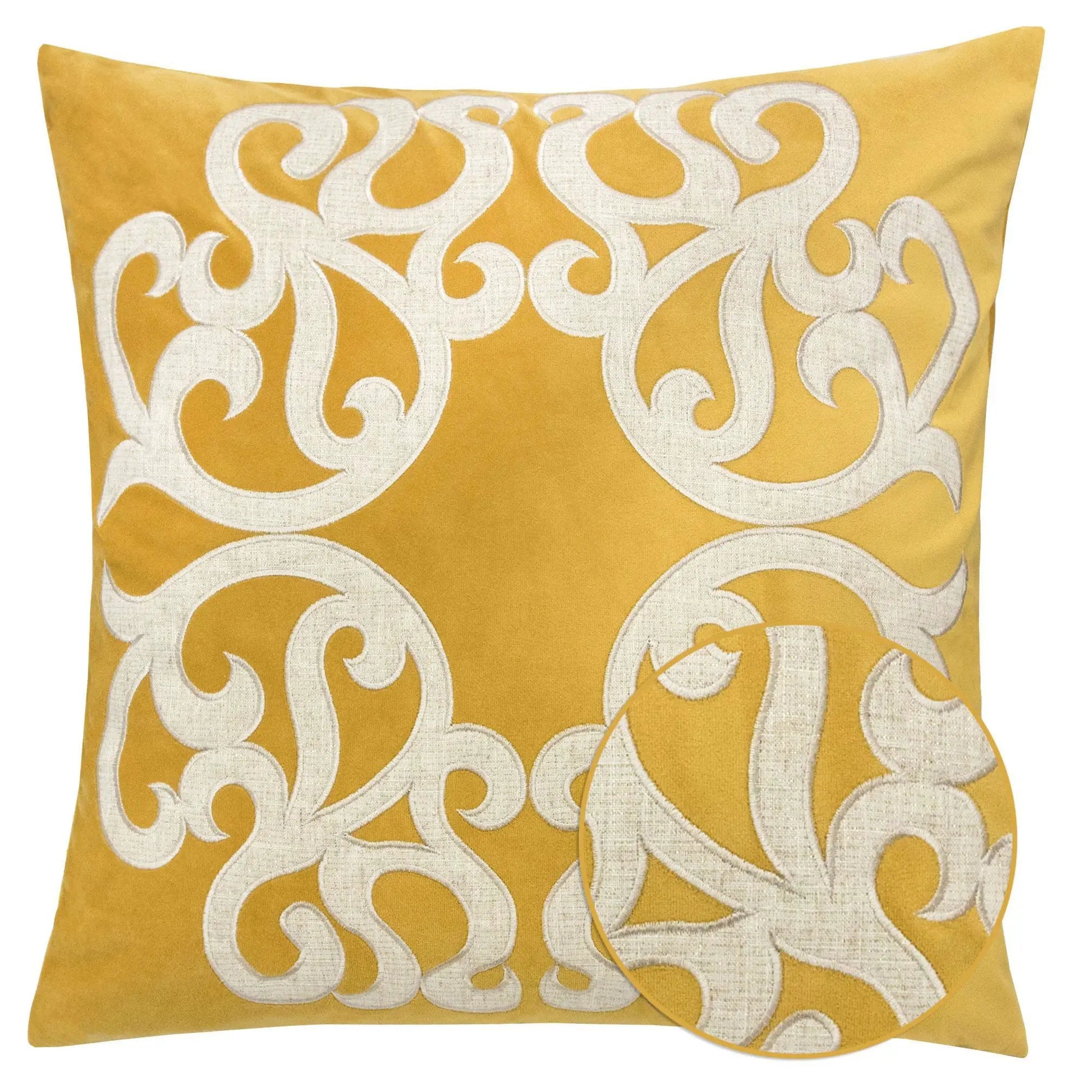 Dora Pillow Cover With Back, mustard fabric, white scroll motif by Unique Piece Furniture on Tampa Home & Garden Store