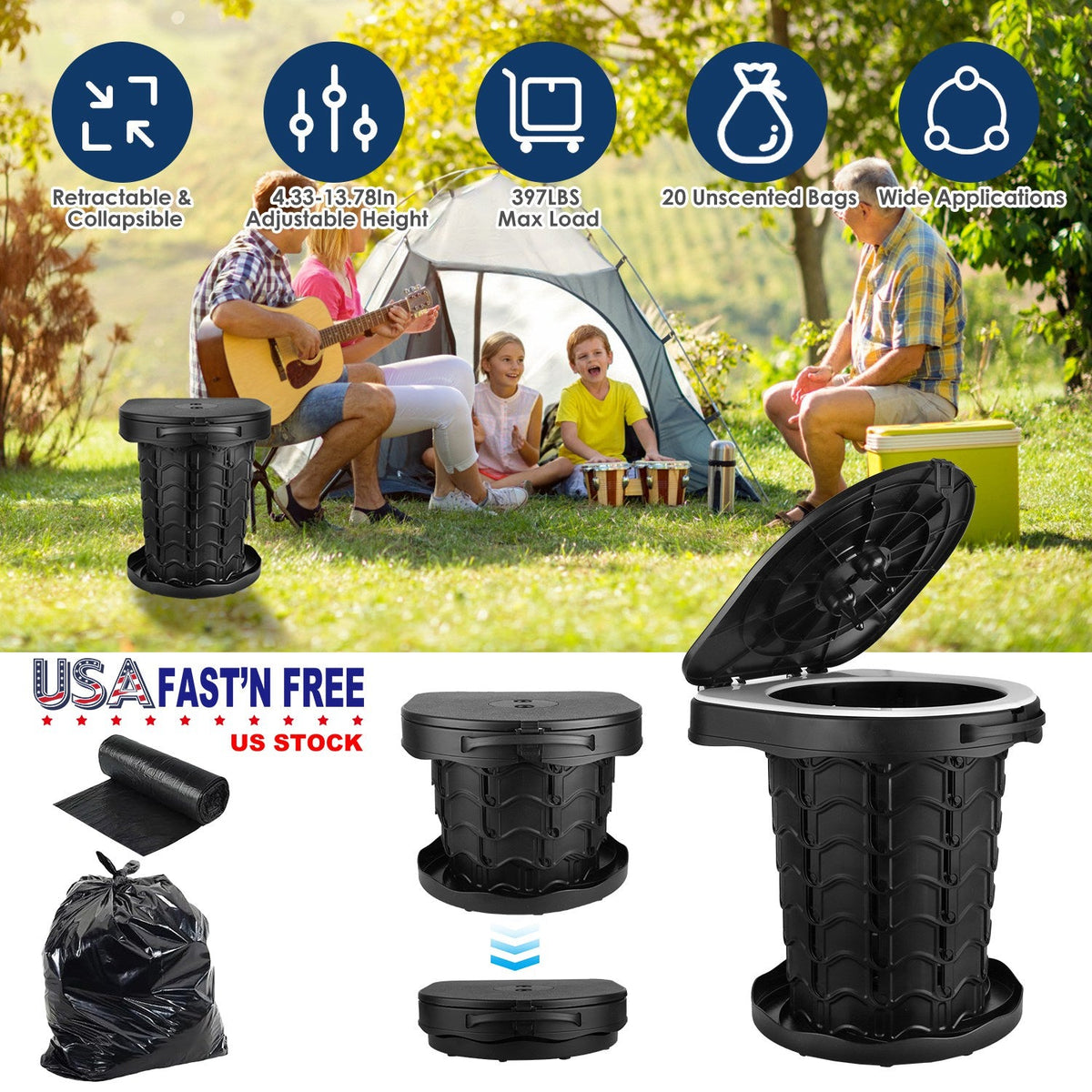 GemGear collapsible portable toilet for adults with adjustable height lid camping emergency kit on Tampa Home & Garden Store