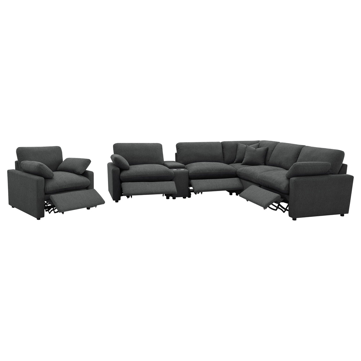 Hollander 6-piece modular power reclining sectional in dark gray fabric with center console on Tampa Home & Garden Store