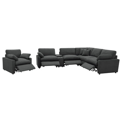 Hollander 6-piece modular power reclining sectional in dark gray fabric with center console on Tampa Home & Garden Store