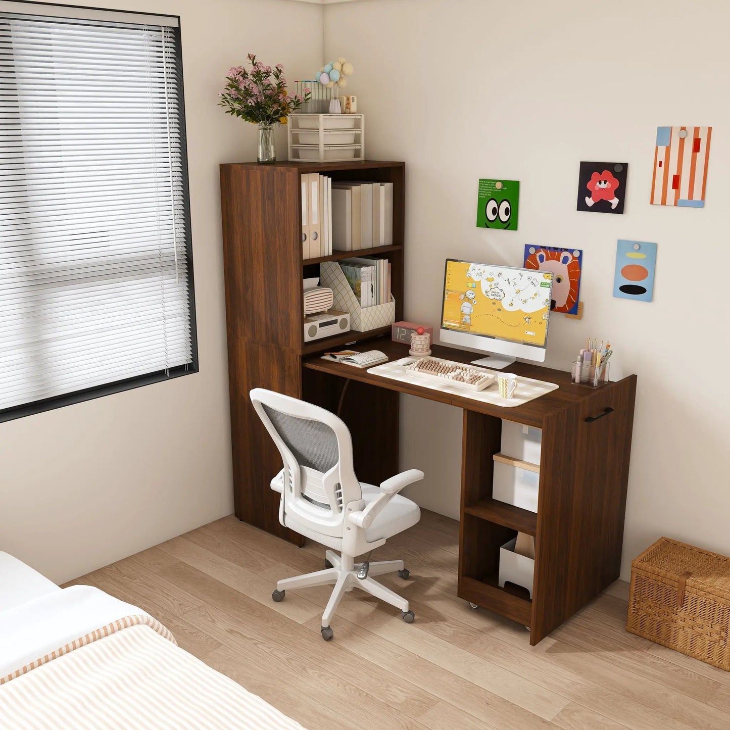 Stretchable Office Desk with Shelves and Wheels