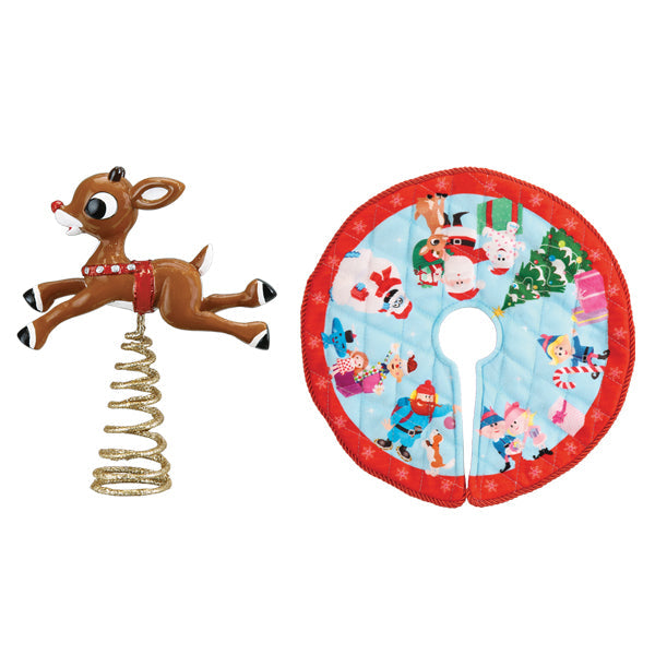 Mini Rudolph tree topper and circular tree skirt with red border and festive print, 2-piece set on Tampa Home & Garden Store
