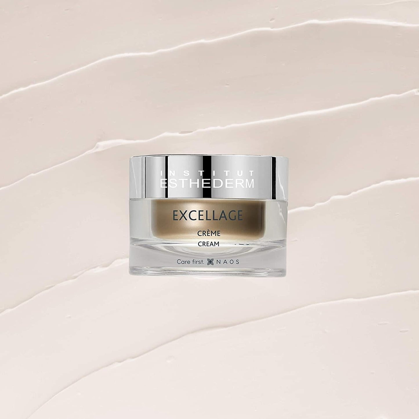 Institut Esthederm Excellage face cream jar with silver lid on beige backdrop on Tampa Home & Garden Store